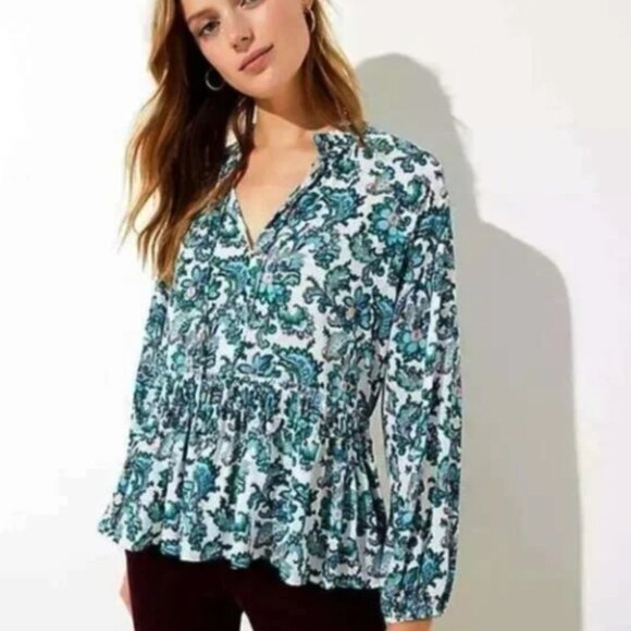 LOFT Whisper White Bohemian Dream Paisley Split Neck Peplum Blouse - Picture 1 of 16